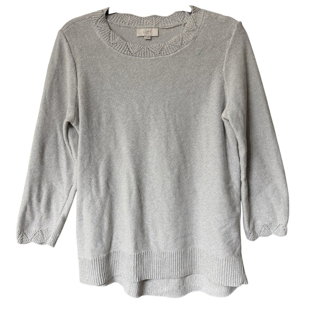 Loft Outlet Sweater Womens Medium Grey 3/4 Sleeve Pointelle Trim‎ Cotton Knit